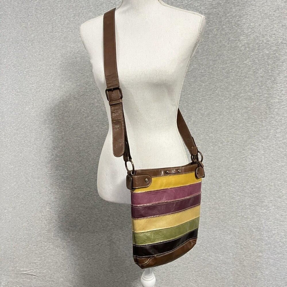 VTG Axcess Satchel Bag Rainbow Earth Tones‎ Patchwork Boho PVC Crossbody Vegan